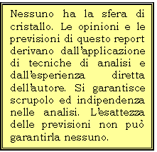 Casella di testo: Nessuno ha la sfera di cristallo. Le opinioni e le previsioni di questo report derivano dallapplicazione di tecniche di analisi e dallesperienza diretta dellautore. Si garantisce  scrupolo ed indipendenza nelle analisi. Lesattezza delle previsioni non pu garantirla nessuno. 