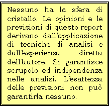 Casella di testo: Nessuno ha la sfera di cristallo. Le opinioni e le previsioni di questo report derivano dallapplicazione di tecniche di analisi e dallesperienza diretta dellautore. Si garantisce  scrupolo ed indipendenza nelle analisi. Lesattezza delle previsioni non pu garantirla nessuno. 