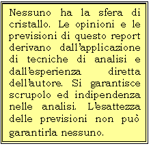 Casella di testo: Nessuno ha la sfera di cristallo. Le opinioni e le previsioni di questo report derivano dallapplicazione di tecniche di analisi e dallesperienza diretta dellautore. Si garantisce  scrupolo ed indipendenza nelle analisi. Lesattezza delle previsioni non pu garantirla nessuno. 