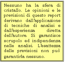 Casella di testo: Nessuno ha la sfera di cristallo. Le opinioni e le previsioni di questo report derivano dallapplicazione di tecniche di analisi e dallesperienza diretta dellautore. Si garantisce  scrupolo ed indipendenza nelle analisi. Lesattezza delle previsioni non pu garantirla nessuno. 