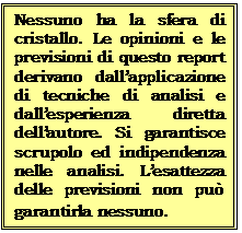 Casella di testo: Nessuno ha la sfera di cristallo. Le opinioni e le previsioni di questo report derivano dallapplicazione di tecniche di analisi e dallesperienza diretta dellautore. Si garantisce  scrupolo ed indipendenza nelle analisi. Lesattezza delle previsioni non pu garantirla nessuno. 