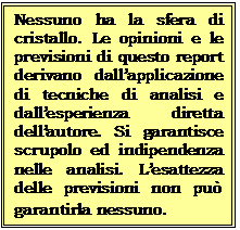 Casella di testo: Nessuno ha la sfera di cristallo. Le opinioni e le previsioni di questo report derivano dallapplicazione di tecniche di analisi e dallesperienza diretta dellautore. Si garantisce  scrupolo ed indipendenza nelle analisi. Lesattezza delle previsioni non pu garantirla nessuno. 