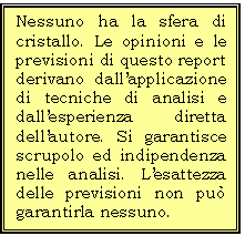 Casella di testo: Nessuno ha la sfera di cristallo. Le opinioni e le previsioni di questo report derivano dallapplicazione di tecniche di analisi e dallesperienza diretta dellautore. Si garantisce  scrupolo ed indipendenza nelle analisi. Lesattezza delle previsioni non pu garantirla nessuno. 