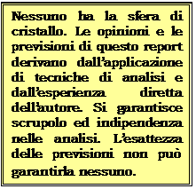 Casella di testo: Nessuno ha la sfera di cristallo. Le opinioni e le previsioni di questo report derivano dallapplicazione di tecniche di analisi e dallesperienza diretta dellautore. Si garantisce  scrupolo ed indipendenza nelle analisi. Lesattezza delle previsioni non pu garantirla nessuno. 