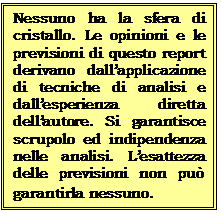 Casella di testo: Nessuno ha la sfera di cristallo. Le opinioni e le previsioni di questo report derivano dallapplicazione di tecniche di analisi e dallesperienza diretta dellautore. Si garantisce  scrupolo ed indipendenza nelle analisi. Lesattezza delle previsioni non pu garantirla nessuno. 